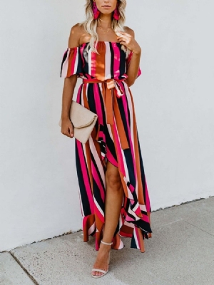 Vestido Feminino Com Meia Manga Assimétrica Até O Chão Cintura Média E Ombro Frio