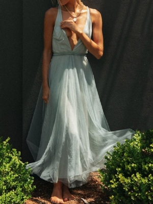 Vestido Feminino Em Malha Na Altura Do Tornozelo Com Decote Em V E Expansão De Verão