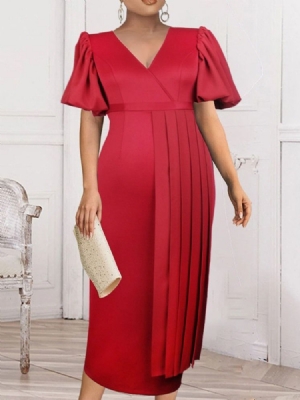Vestido Feminino Em Patchwork Com Decote Em V Manga Curta Vermelho Liso Maxi