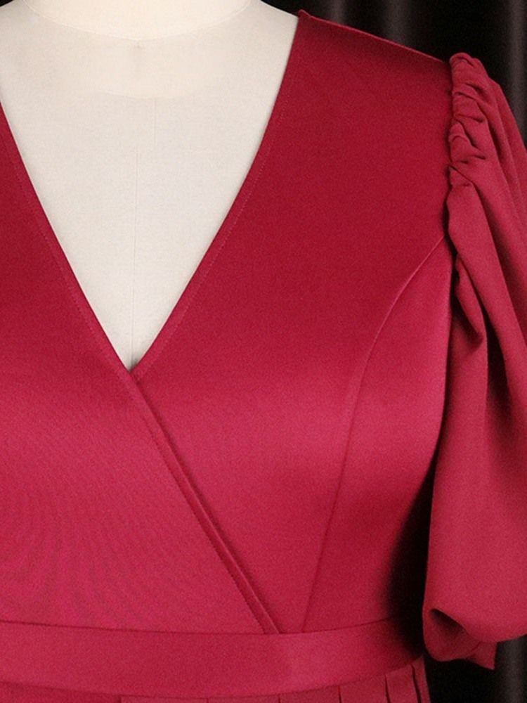 Vestido Feminino Em Patchwork Com Decote Em V Manga Curta Vermelho Liso Maxi