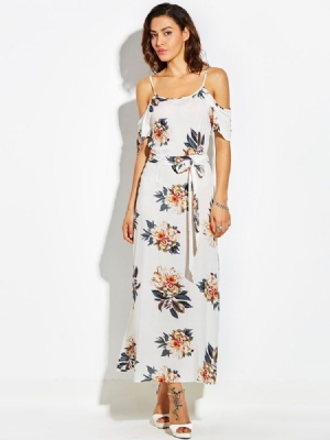 Vestido Feminino Estampado A Frio-o- Ombro Assimétrico Maxi