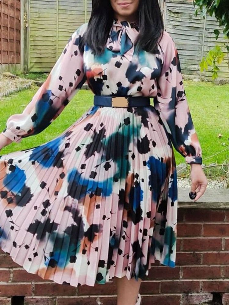 Vestido Feminino Estampado De Meia Canela Manga Comprida Plissado Cintura Alta