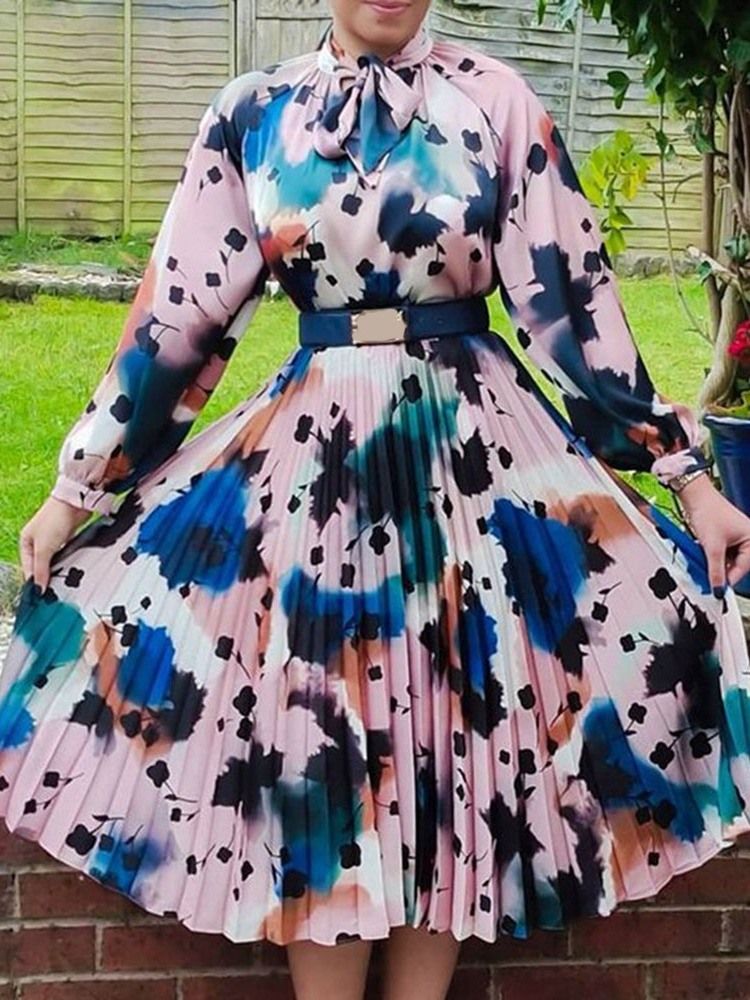 Vestido Feminino Estampado De Meia Canela Manga Comprida Plissado Cintura Alta