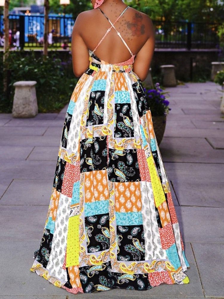 Vestido Feminino Estampado Sem Mangas Até O Tornozelo Com Alça Espaguete Moda Vestido Maxi