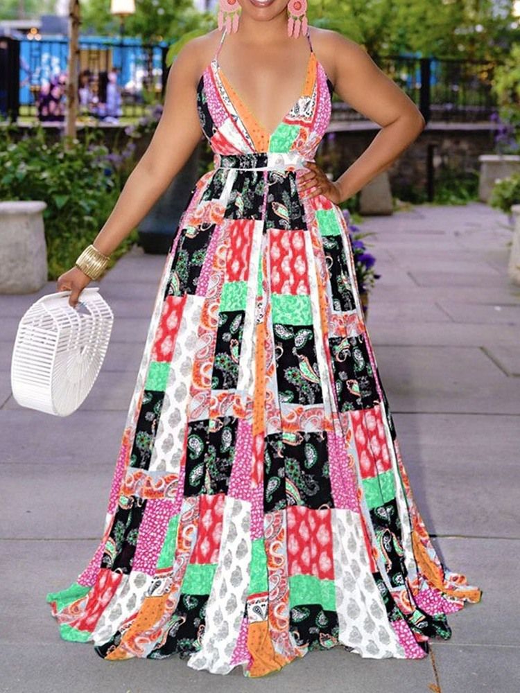 Vestido Feminino Estampado Sem Mangas Até O Tornozelo Com Alça Espaguete Moda Vestido Maxi