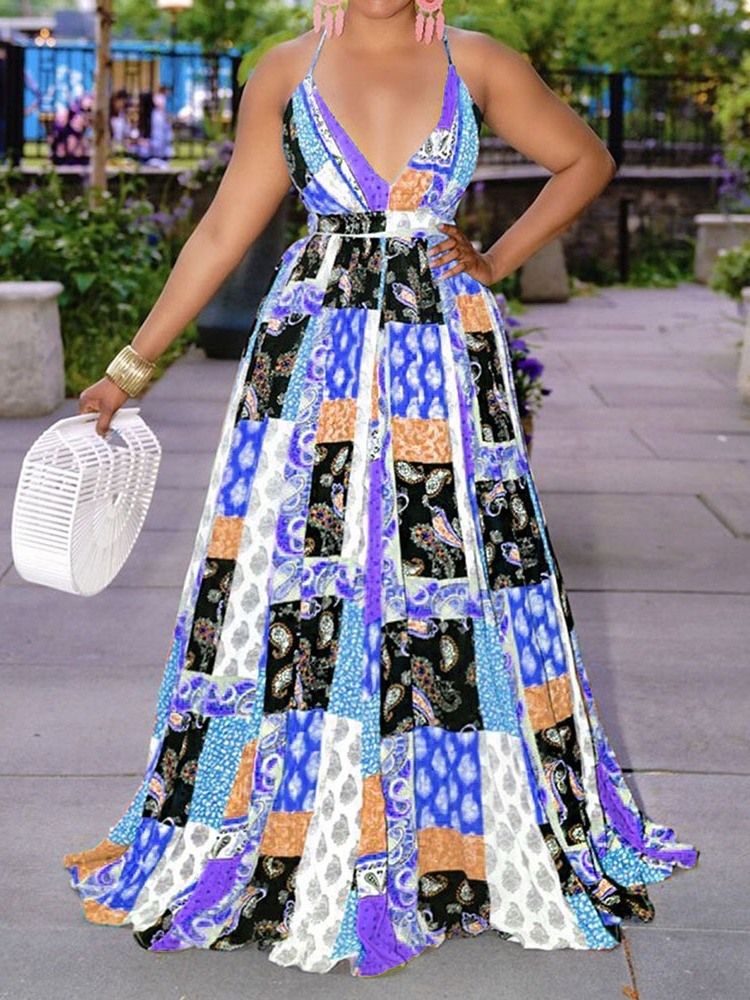 Vestido Feminino Estampado Sem Mangas Até O Tornozelo Com Alça Espaguete Moda Vestido Maxi