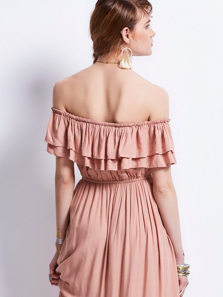 Vestido Feminino De Expansão De Falbala Com Decote Redondo
