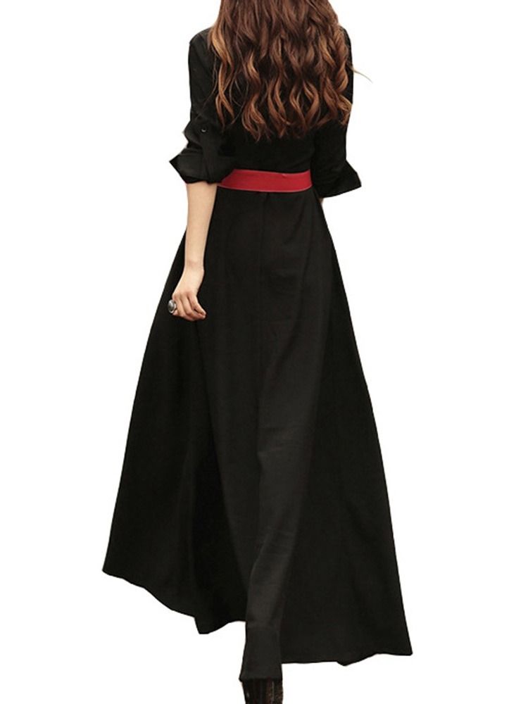 Vestido Feminino De Expansão Regular Com Manga De Três Quartos Com Botão Até O Chão
