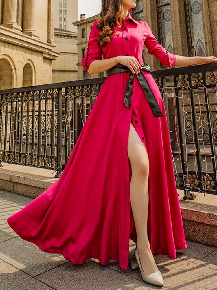 Vestido Feminino De Expansão Regular Com Manga De Três Quartos Com Botão Até O Chão