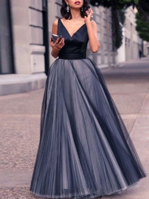 Vestido Feminino De Expansão Sem Mangas Com Decote Em V Até O Chão
