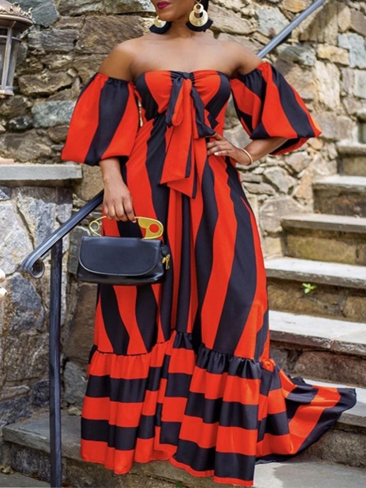 Vestido Feminino Falbala Até O Chão Manga Três Quartos Listrado Outono