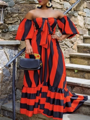 Vestido Feminino Falbala Até O Chão Manga Três Quartos Listrado Outono