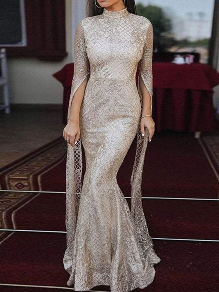 Vestido Feminino De Lantejoulas Até O Chão De Manga Comprida Outono Elegante