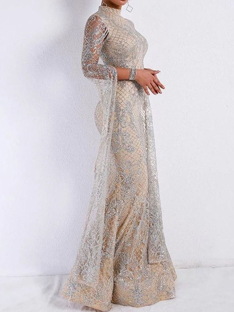 Vestido Feminino De Lantejoulas Até O Chão De Manga Comprida Outono Elegante