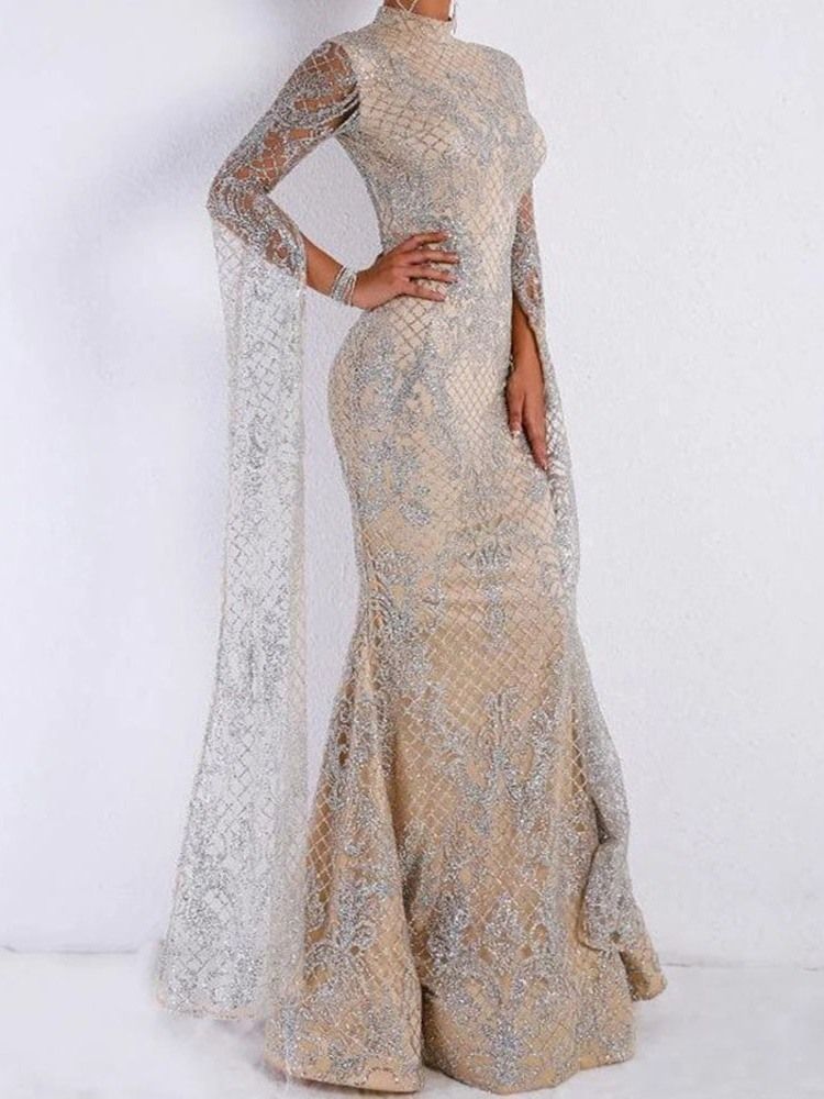 Vestido Feminino De Lantejoulas Até O Chão De Manga Comprida Outono Elegante