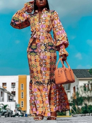 Vestido Feminino De Lapela Longa Manga Comprida Étnico Até O Tornozelo