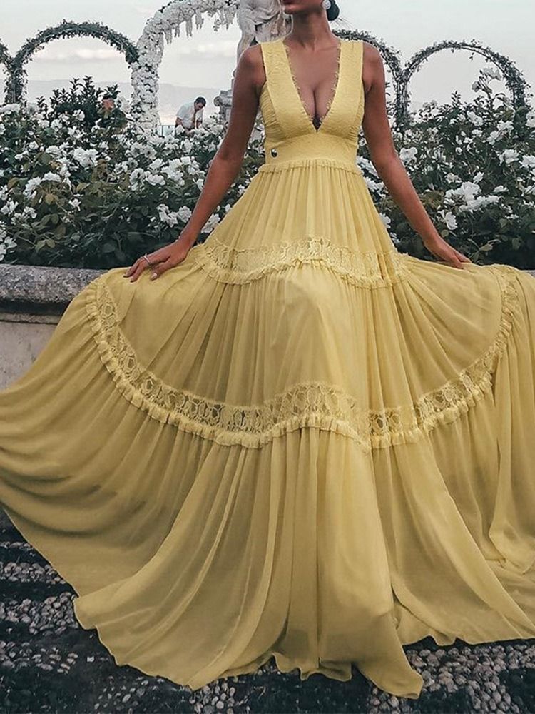 Vestido Feminino Liso Com Decote Em V Sem Mangas Expansível Até O Chão