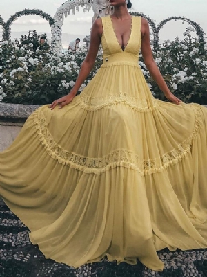 Vestido Feminino Liso Com Decote Em V Sem Mangas Expansível Até O Chão