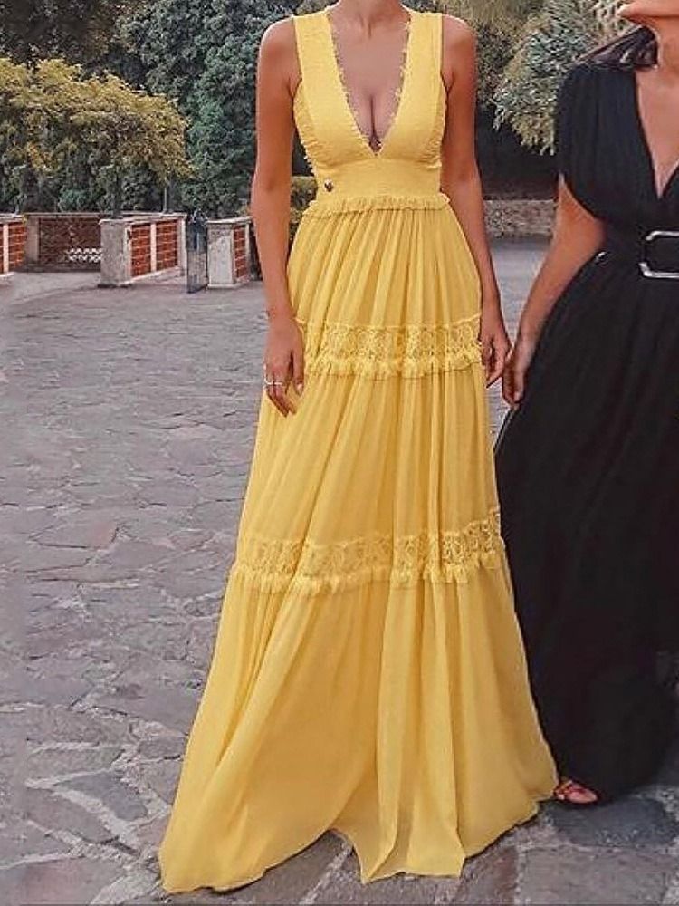 Vestido Feminino Liso Com Decote Em V Sem Mangas Expansível Até O Chão