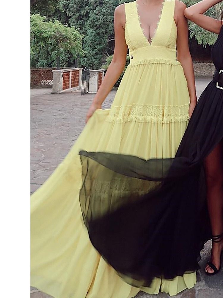 Vestido Feminino Liso Com Decote Em V Sem Mangas Expansível Até O Chão