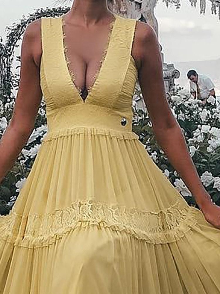 Vestido Feminino Liso Com Decote Em V Sem Mangas Expansível Até O Chão