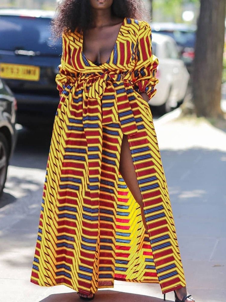 Vestido Feminino Longo Com Decote Em V E Cintura Alta Estampado