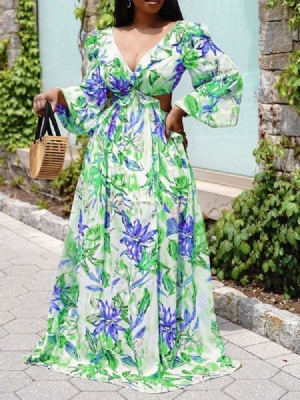 Vestido Feminino Longo Estampado Até O Chão Manga De Nove Pontos Cintura Alta Floral Maxi