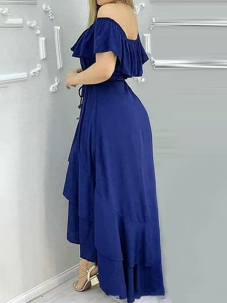Vestido Feminino Longo De Manga Curta Manga Curta Assimétrico