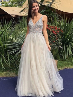 Vestido Feminino De Malha De Lantejoulas Com Decote Em V Sem Mangas