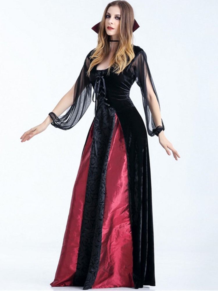Vestido Feminino De Manga Comprida Com Cadarços Até O Chão Fantasia De Halloween