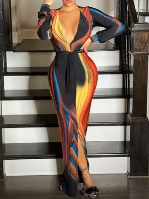 Vestido Feminino De Manga Comprida Com Cordões Até O Chão Cor De Outono