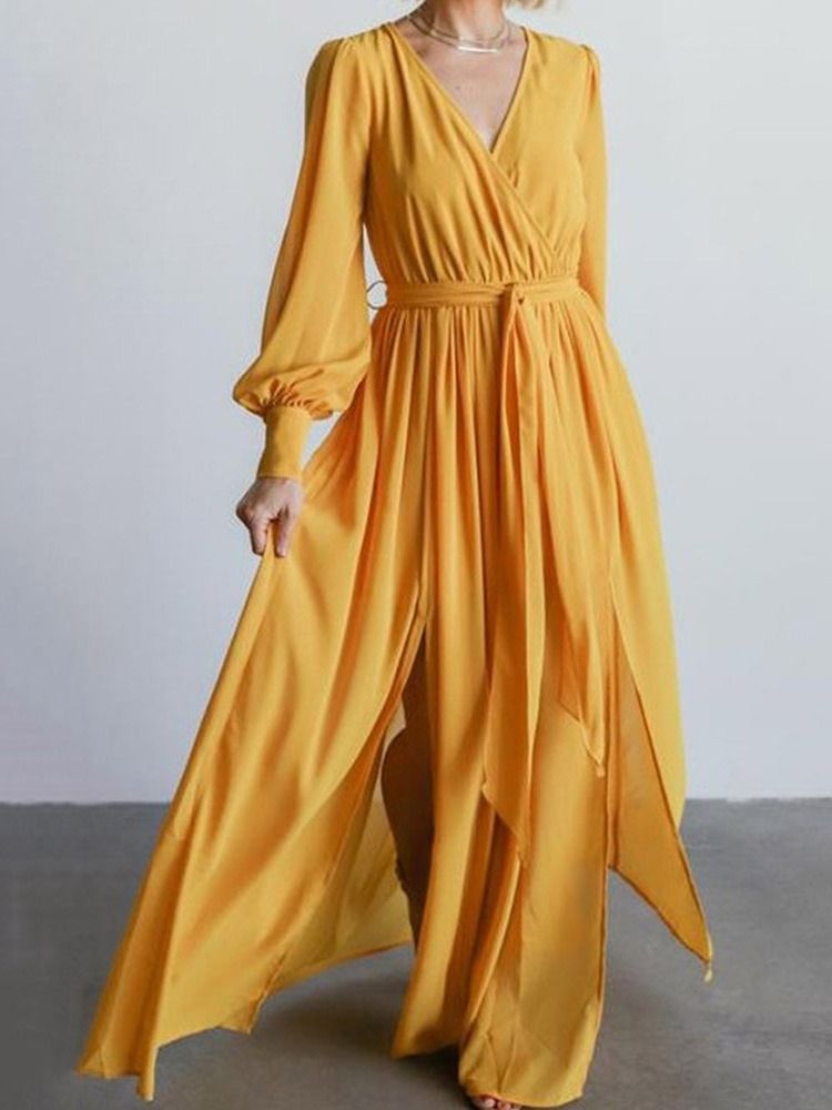 Vestido Feminino De Manga Comprida Dividido Até O Chão