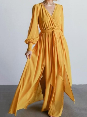 Vestido Feminino De Manga Comprida Dividido Até O Chão