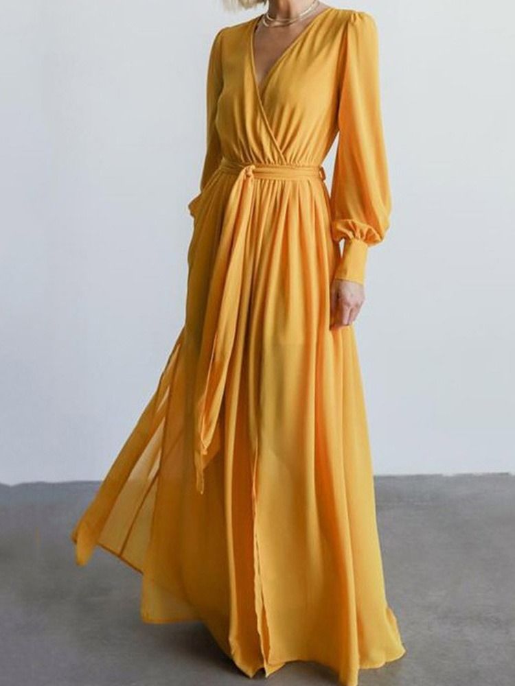 Vestido Feminino De Manga Comprida Dividido Até O Chão