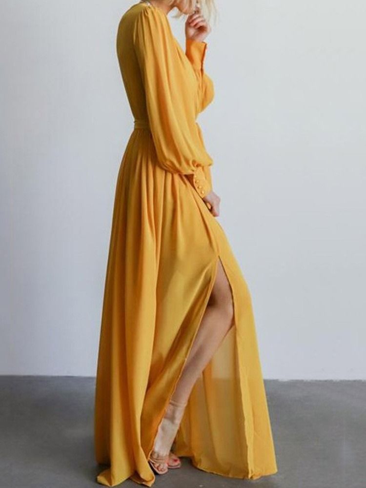 Vestido Feminino De Manga Comprida Dividido Até O Chão
