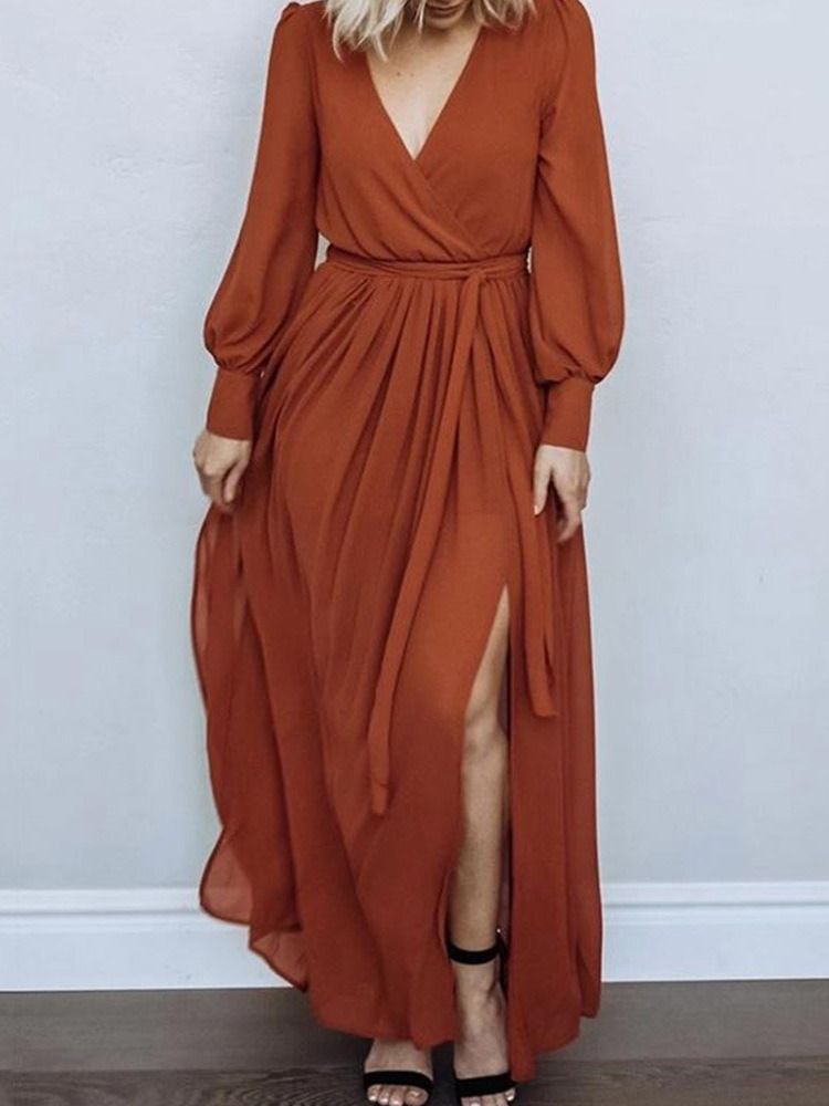 Vestido Feminino De Manga Comprida Dividido Até O Chão