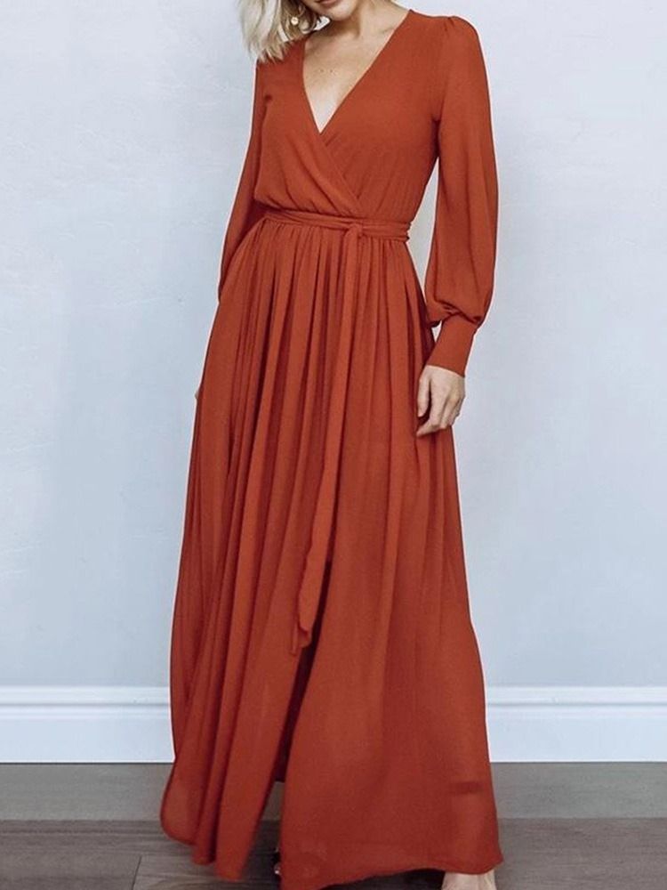 Vestido Feminino De Manga Comprida Dividido Até O Chão