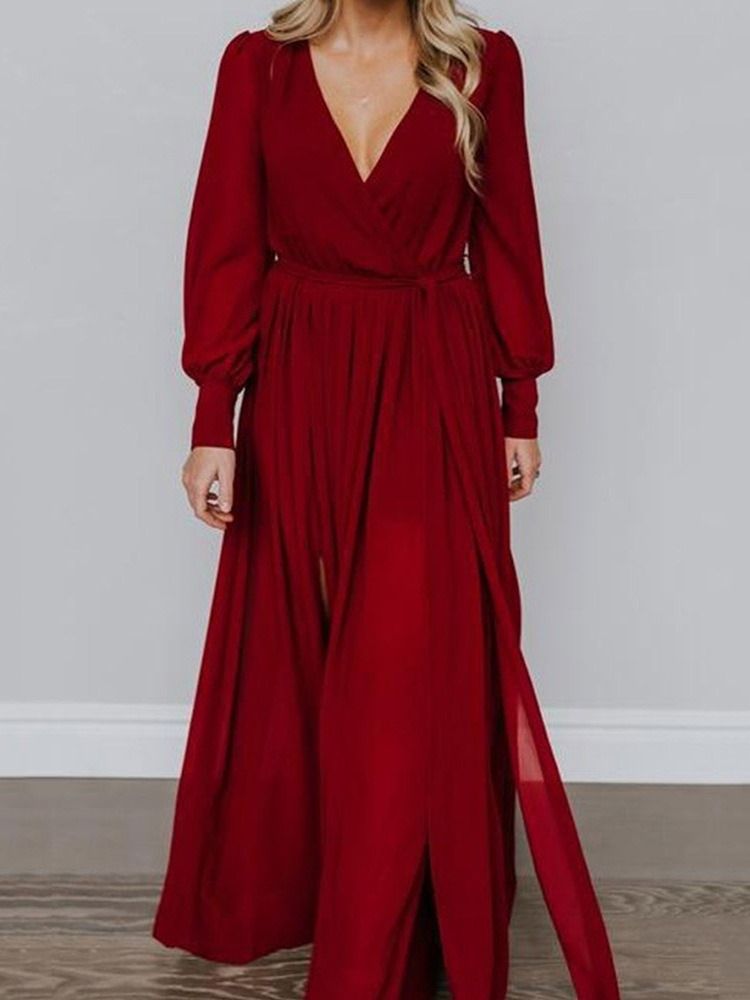Vestido Feminino De Manga Comprida Dividido Até O Chão