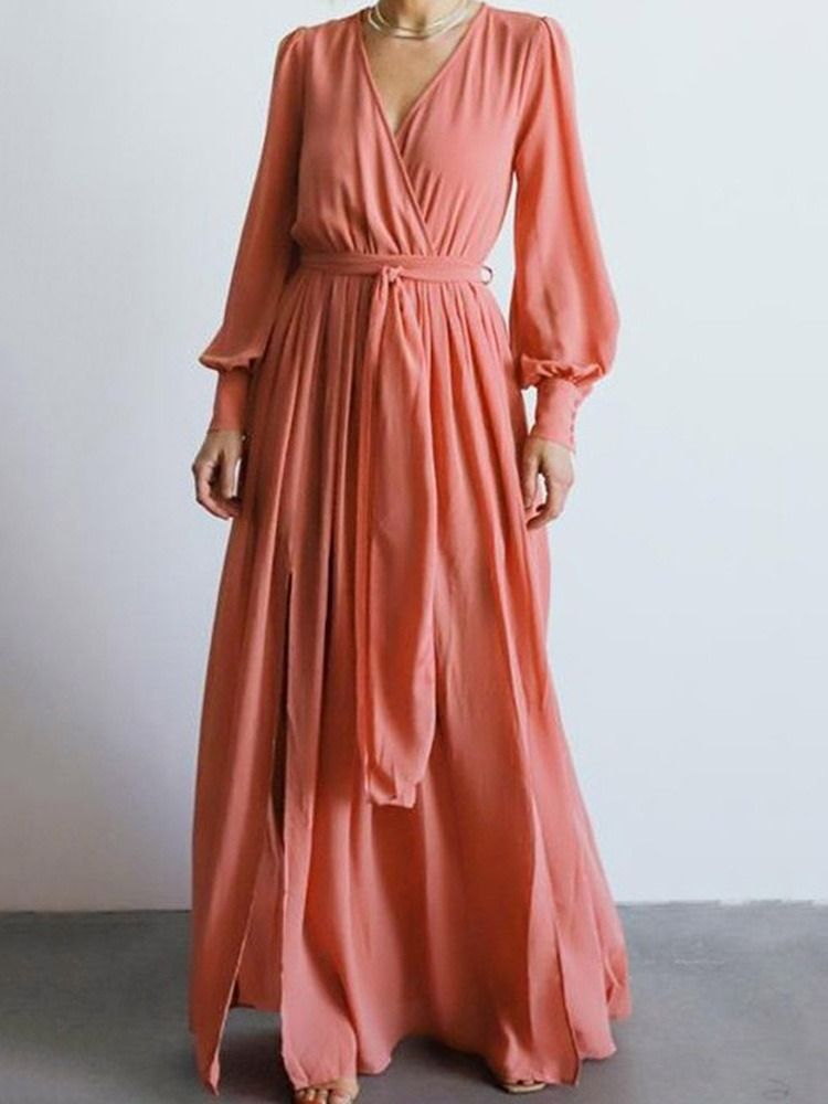 Vestido Feminino De Manga Comprida Dividido Até O Chão