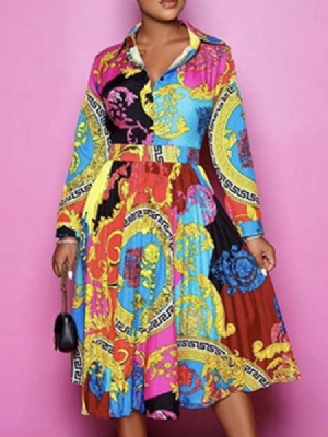 Vestido Feminino De Manga Comprida Estampado De Manga Comprida Com Estampa Média