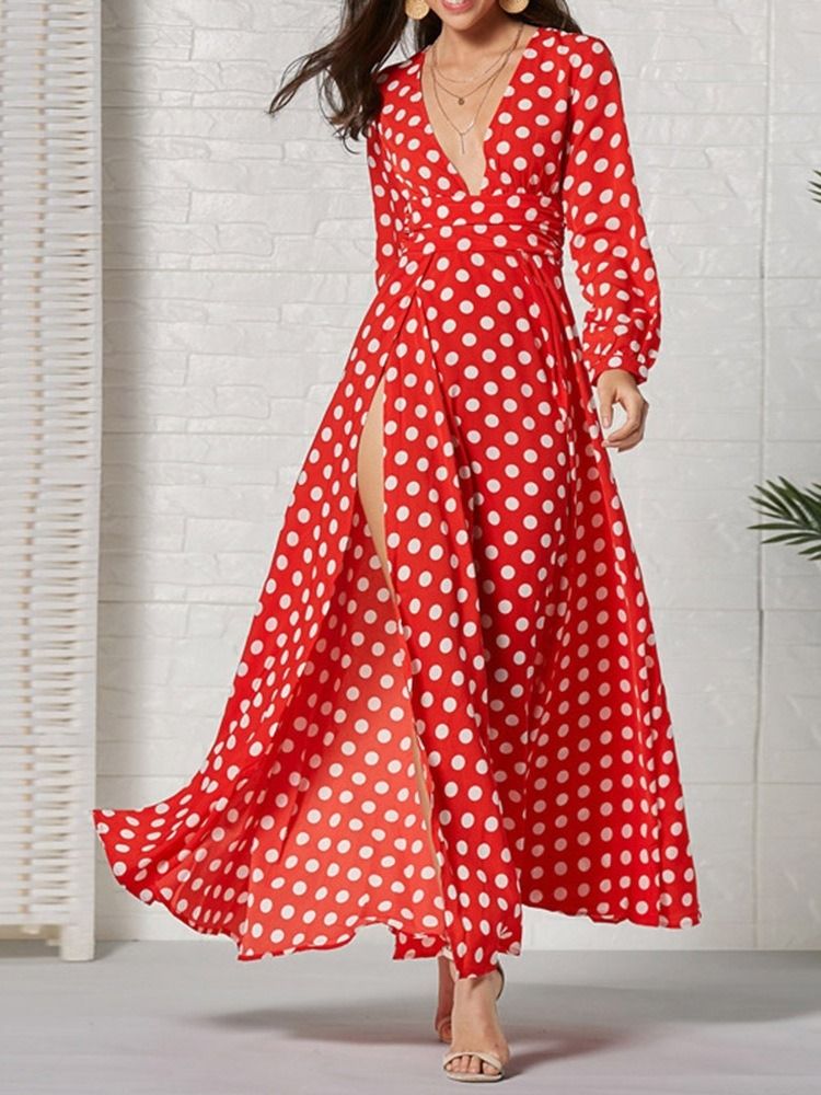 Vestido Feminino De Manga Comprida Na Altura Do Tornozelo Com Decote Em V Moda Bolinhas