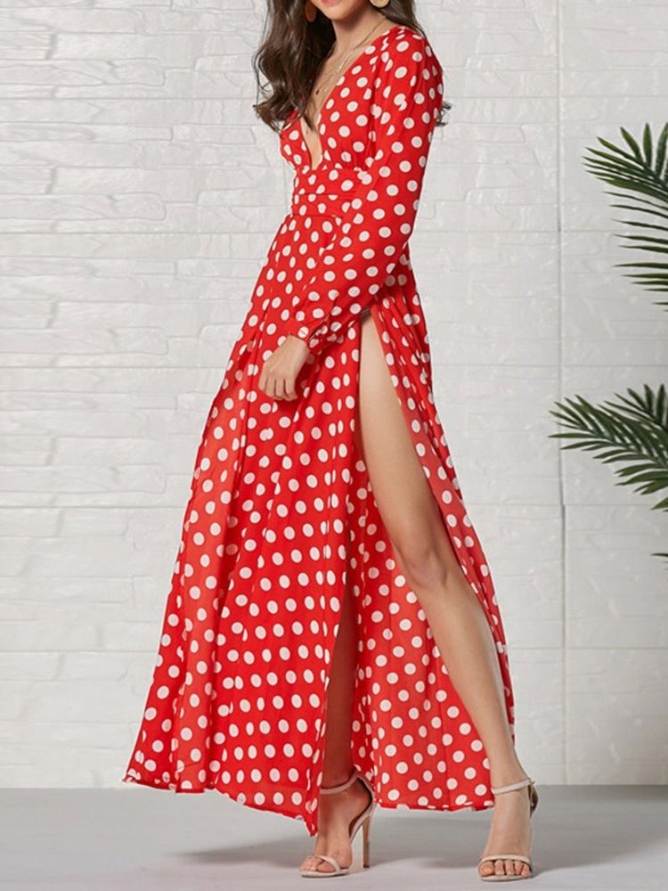 Vestido Feminino De Manga Comprida Na Altura Do Tornozelo Com Decote Em V Moda Bolinhas