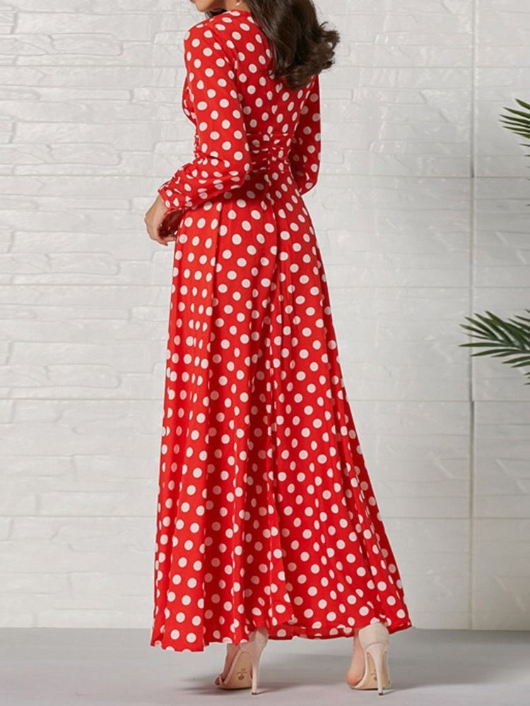 Vestido Feminino De Manga Comprida Na Altura Do Tornozelo Com Decote Em V Moda Bolinhas