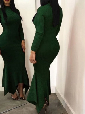 Vestido Feminino De Manga Comprida De Nove Pontos Na Altura Do Tornozelo Com Colarinho Sereia Casual