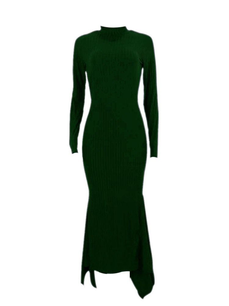 Vestido Feminino De Manga Comprida De Nove Pontos Na Altura Do Tornozelo Com Colarinho Sereia Casual