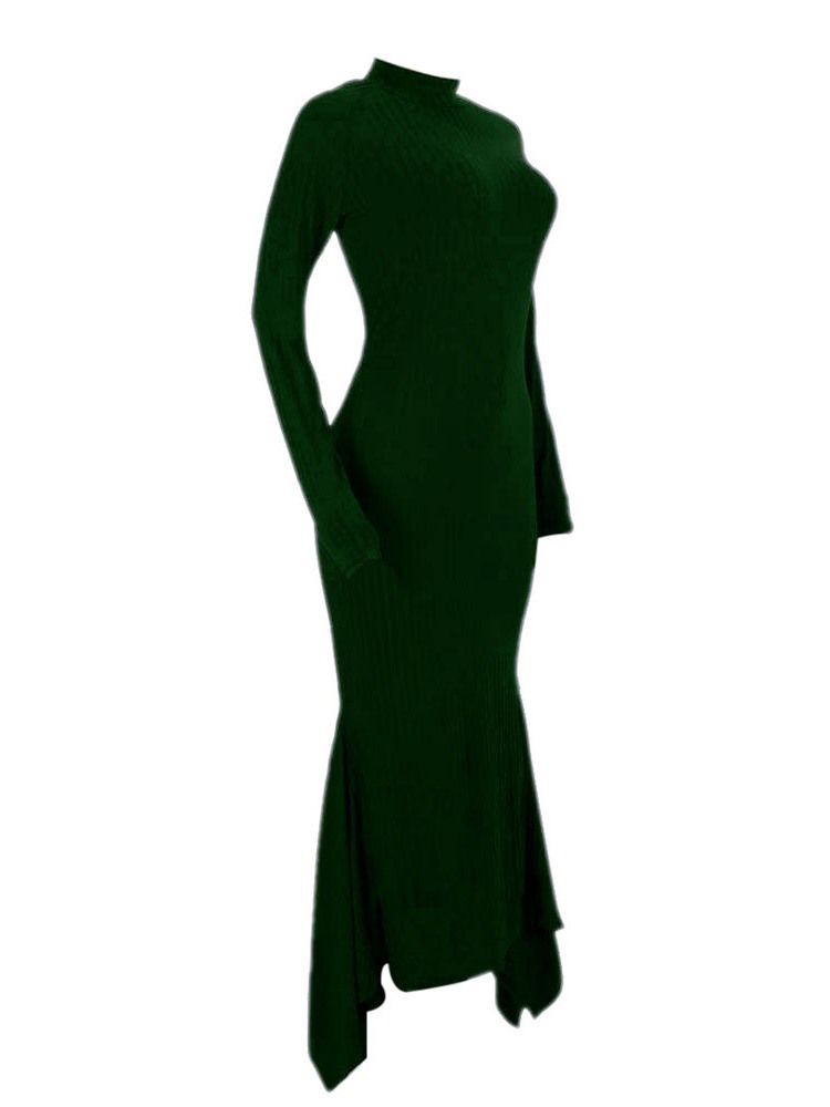 Vestido Feminino De Manga Comprida De Nove Pontos Na Altura Do Tornozelo Com Colarinho Sereia Casual