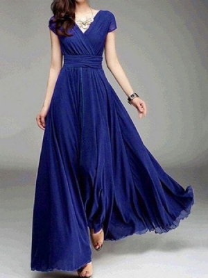 Vestido Feminino De Manga Curta Com Decote Em V Até O Chão