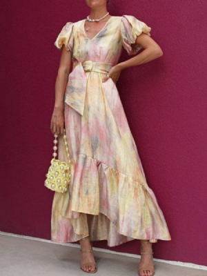 Vestido Feminino De Manga Curta Com Decote Em V Curto Assimétrico Na Altura Do Tornozelo