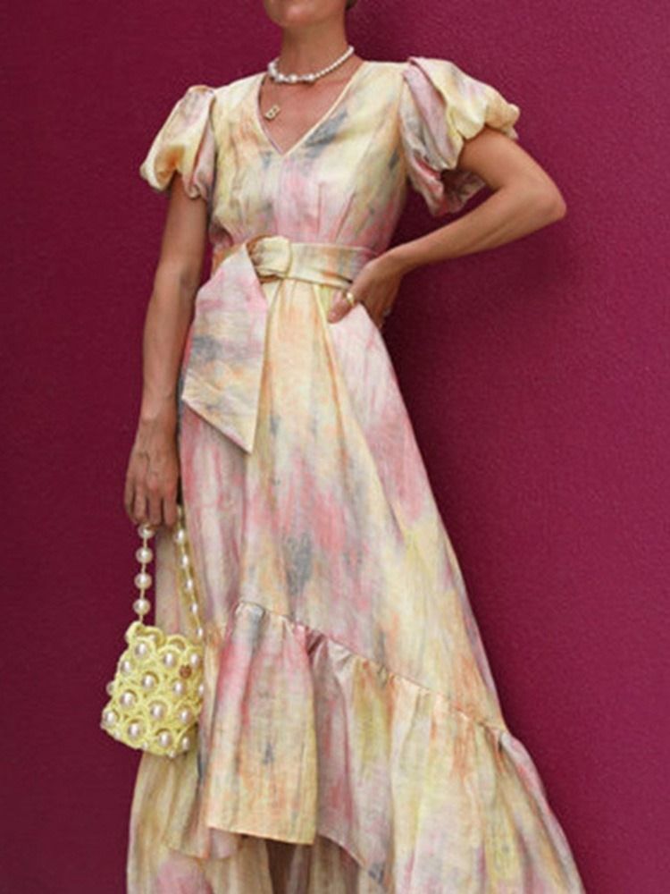 Vestido Feminino De Manga Curta Com Decote Em V Curto Assimétrico Na Altura Do Tornozelo