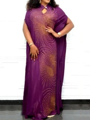 Vestido Feminino De Manga Curta Diamante Até O Chão Para Festa Geométrica
